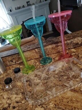 Colorful Plastic Margarita Glass with Straw - Pink, Blue, Green
